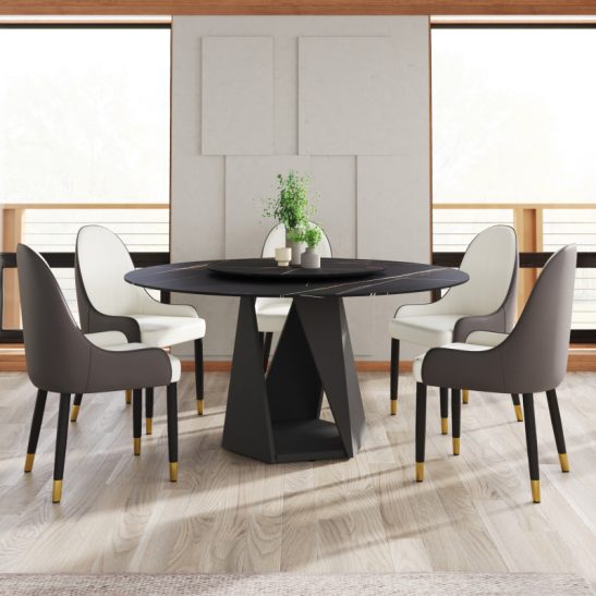 59.05' Round Marble Dining Table with Black Iron Metal Base Artificial Marble for 6-8 People 31.5'Black Artificial Stone Turntable Black Dining Table Only