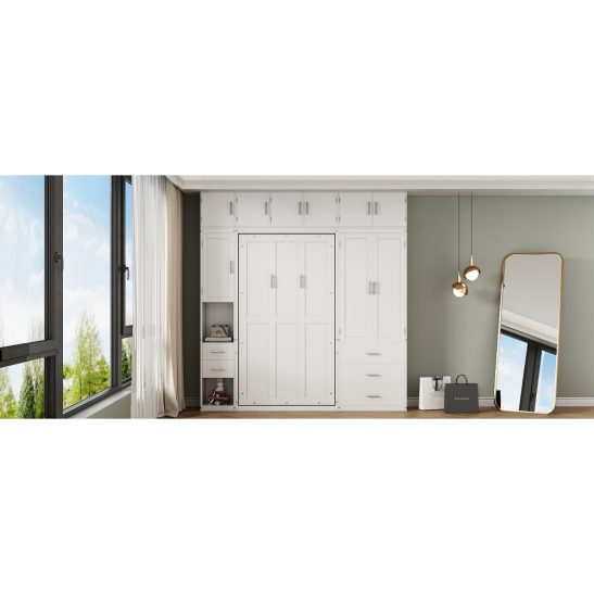 Twin Size Murphy Bed with Lockers & Wardrobes - Space-Saving Foldable Bed Frame with Built-In Storage,, White - Ideal for Small Apartments, Dorm Rooms, Guest Rooms - Easy Assembly with Installation Video Included