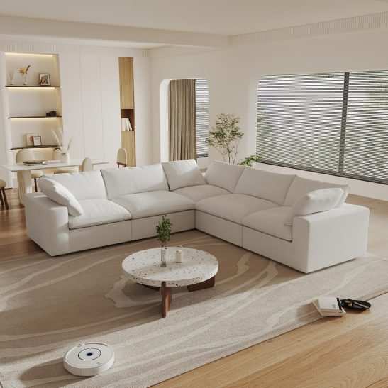 Spacious L-shaped 5-seater Sectional Sofa, Soft And Comfortable, with Removable Covers; Ideal for Living Rooms, Home Theaters, Waiting Rooms, And Offices; A Minimalist, Spacious, Deep-seated Convertible Sofa