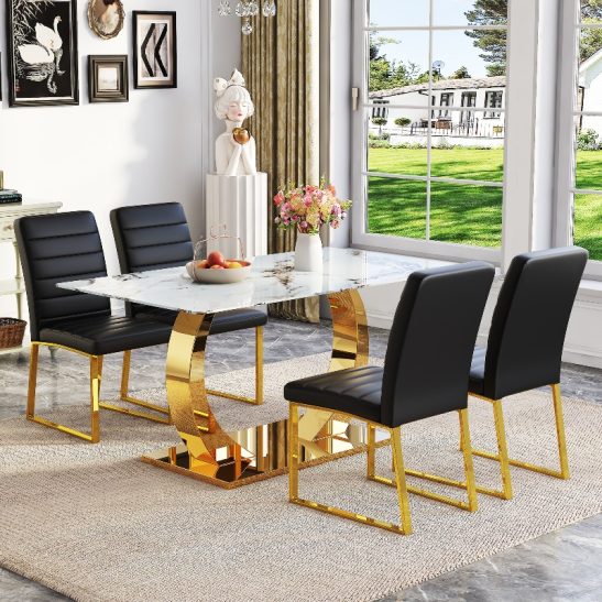 Marble Patterned Tempered Glass Dining Chair Set (Golden Decoration): 63 Inch Dining Table+4 Modern Minimalist Style Dining Chairs