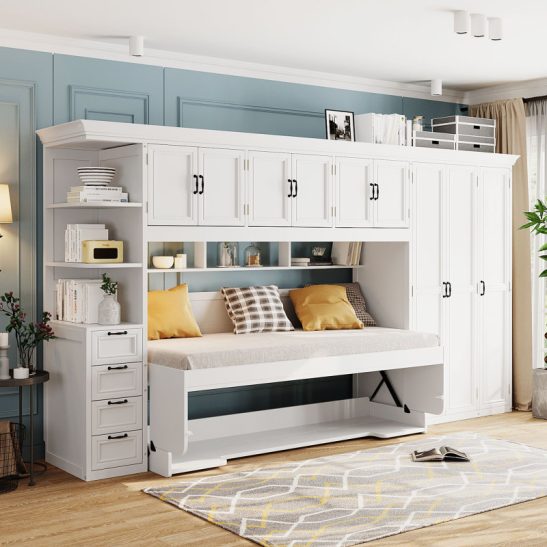 White Murphy Bed with Wardrobe Cabinet And Desk in Twin Size