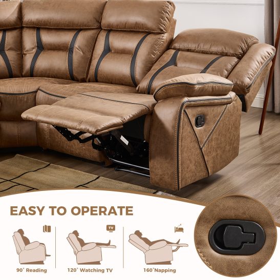 Contemporary Synthetic Faux Leather Reclining Sofa Collection, 5-Seater Couch Featuring Cup Holders And Storage, Ideal for Living Rooms And Offices