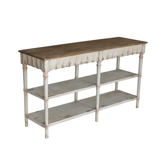 Modern Farmhouse Three-Tier Console Table with Distressed White & Beige Finish - Assembly Suitable for Entryway, Hallway, Furniture - Space-Saving, Non-Wood Material, Low-Maintenance Minimalist Table