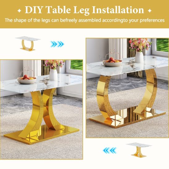 Set of Dining Chairs with a Marble Design And Tempered Glass (With Golden Accents): Includes a 63-Inch Dining Table And Four Modern Minimalist Chairs