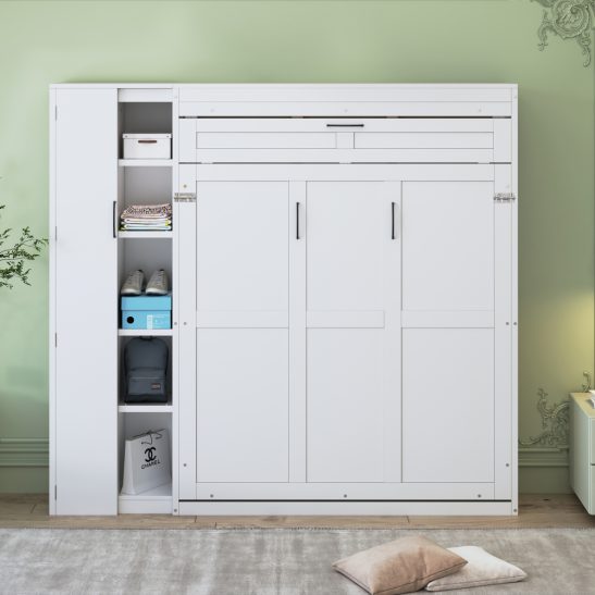 Gray Murphy Bed with Shelves, Wardrobe, And LED Lights, Designed for Wall Mounting