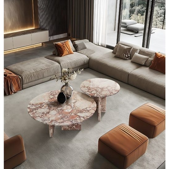 Nesting Coffee Table Set in Stunning Pink Natural Marble, Perfect for Enhancing Your Living Room Decor with Elegance, Featuring Two Versatile Round Tables 27.56inch 17.72inch for Convenient Use in Gatherings, Meals, Or As Stylish Side Tables Wherever Needed